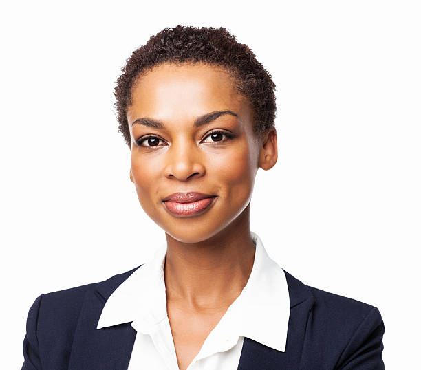 Portrait of a confident African American female executive. Horizontal shot. Isolated on white.